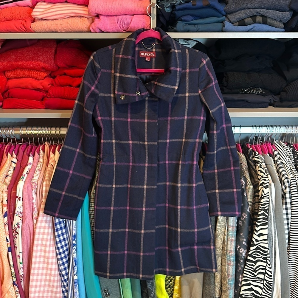 Merona navy/pink/tan plaid coat size S